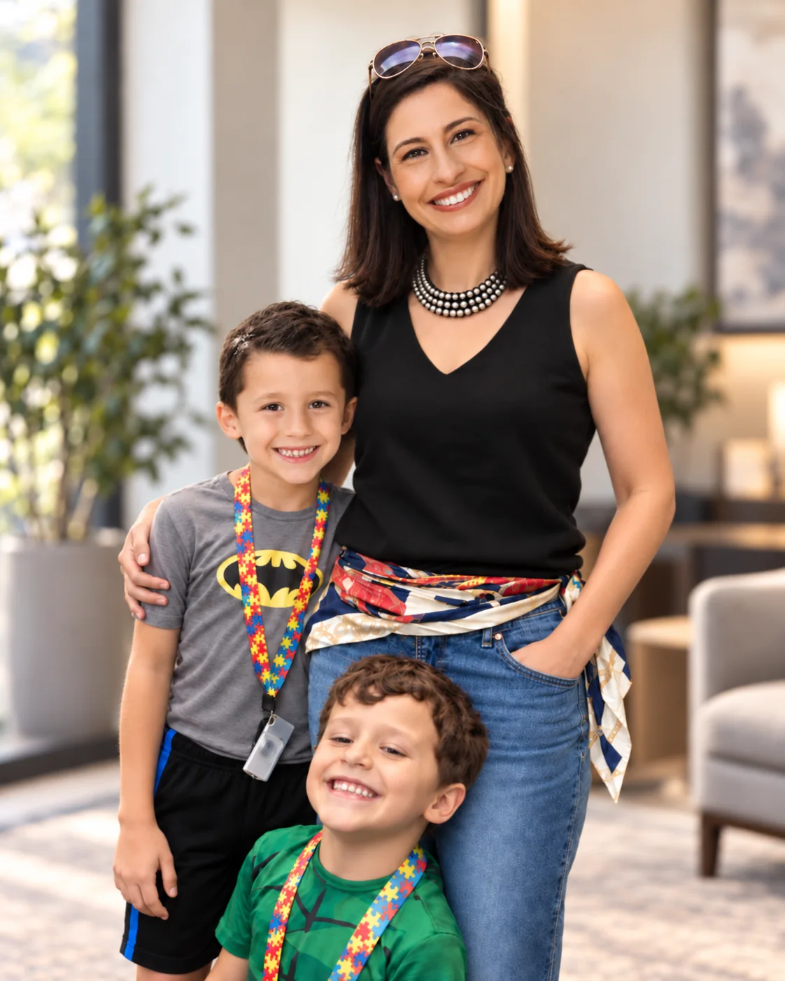 Nayara Jayme ao lado de seus dois filhos, os três sorrindo